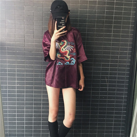 Women Embroidery Dragon T Shirt