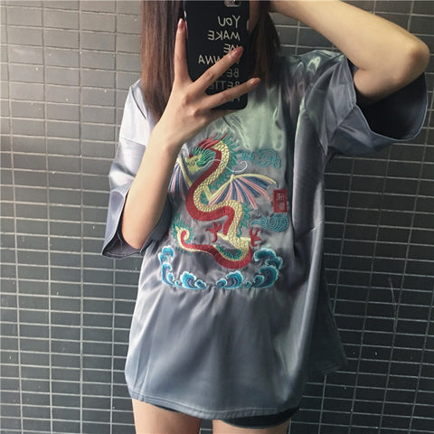 Women Embroidery Dragon T Shirt