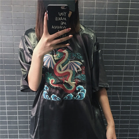 Women Embroidery Dragon T Shirt
