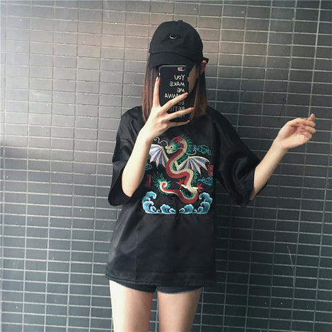 Women Embroidery Dragon T Shirt